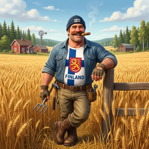 Cartoon Character in Flag T-Shirt at Wheat Field