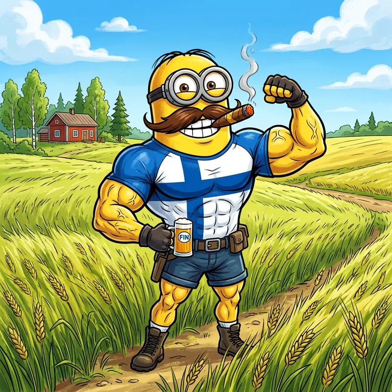 Pumped-Up Minion with Cigar and Mustache in Finnish Flag Tee in Wheat Field