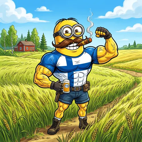 A pumped-up minion from cartoon with a cigar and a mustache in a T-shirt with the flag of Finland