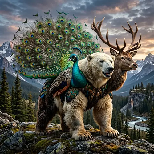 Mythical Three-Headed Beast: Polar Bear, Stag, Peacock