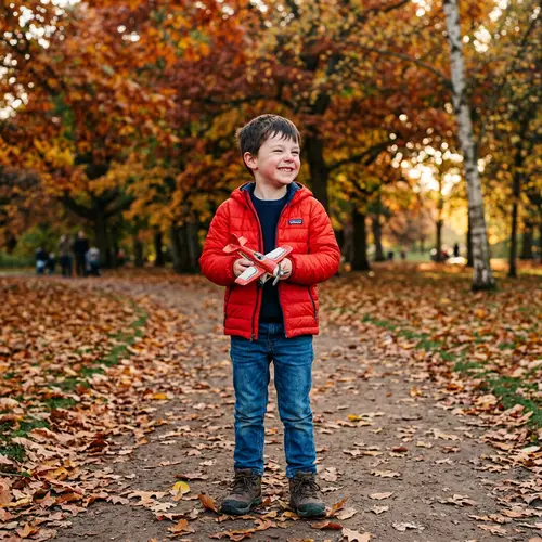 Meet Joe: Young Boy Enjoying Autumn in the Park with Toy Airplane
