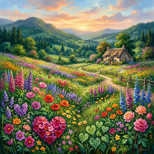 Vibrant Flowers with Heart Patterns | Lush Nature Landscape