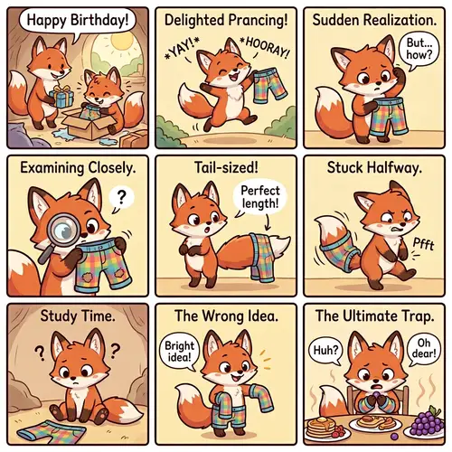 Adorable Cartoon Red Fox Birthday Trouser Dilemma