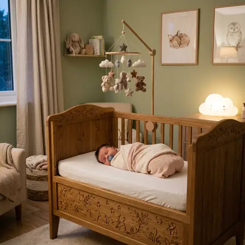 Serene Nursery Room with Delicate Baby Crib and Sleeping Newborn