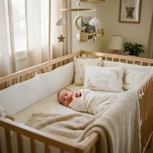 Peaceful Sleeping Newborn in Cozy Crib | Soft Blankets & Embroidered Pillows
