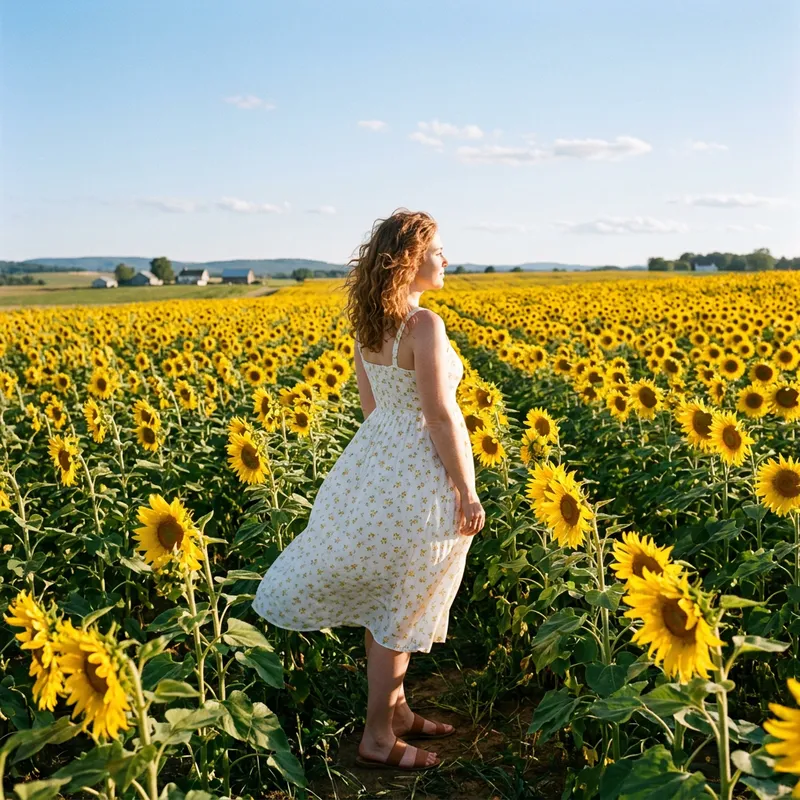 Enchanting Sunflower Scene with a Beautiful Woman Enchanting Sunflower Scene with a Beautiful Woman