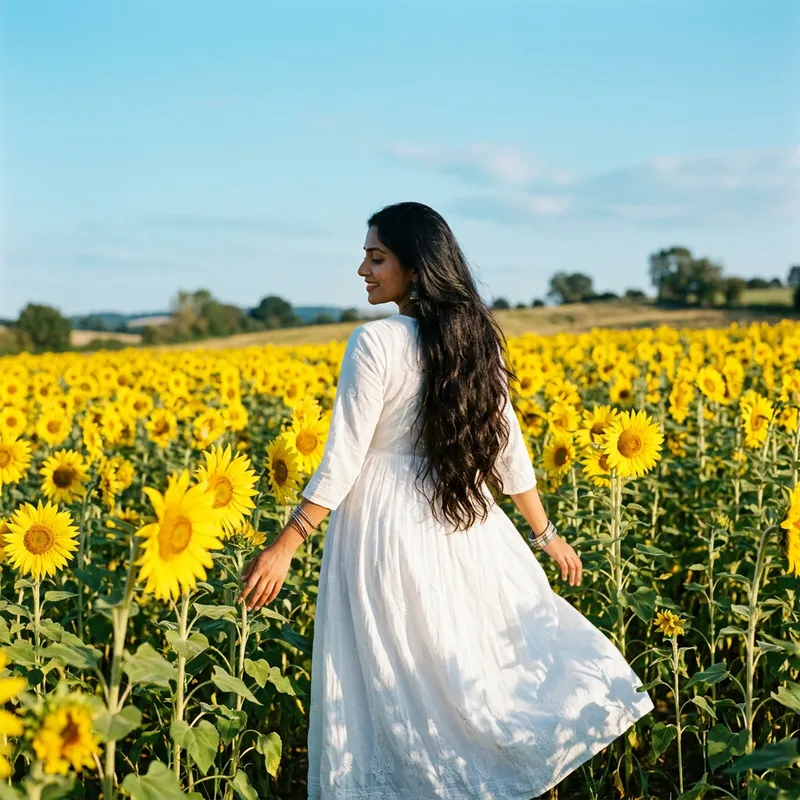 Enchanting South Asian Woman in White Dress with Sunflowers