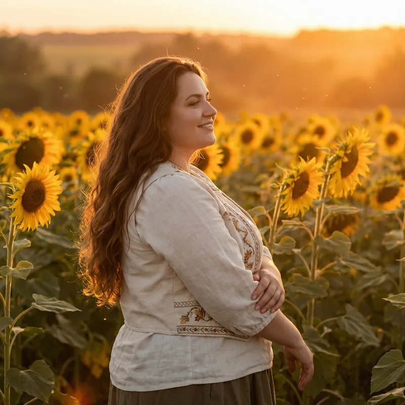 Ethereal Beauty: Curvaceous Woman in a Field of Sunflowers