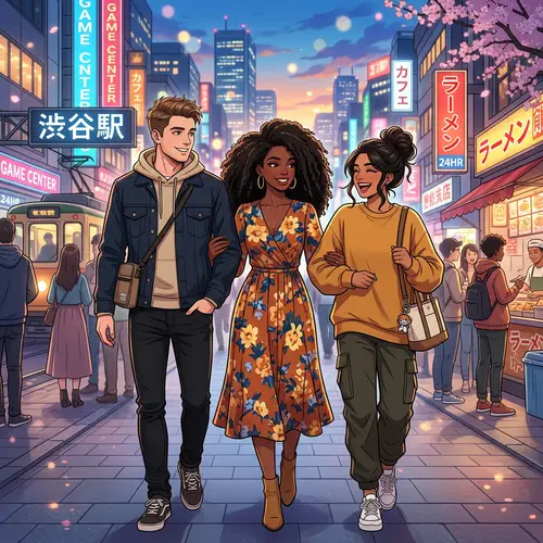 Anime Group of Diverse Characters in Urban Setting