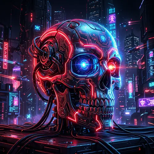 Cybernetic Skull Art: Vibrant Futurist Rendering