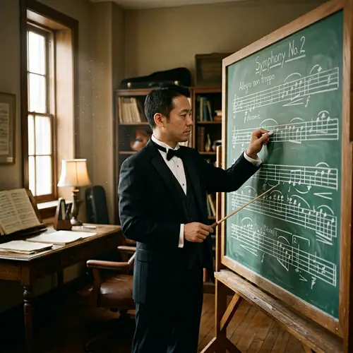 Asian Male Music Conductor Composing Music on Chalkboard