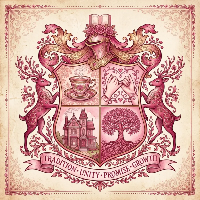 Pink Family Crest with Teacups, Houses, & Tree of Life
