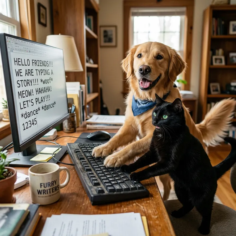 Cat and Dog Typing Joyfully at Computer - Fun Dance Scene