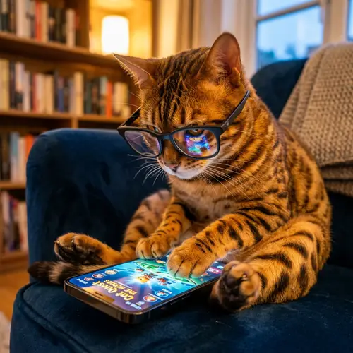Vibrant Large Cat with Glasses Playing Smartphone