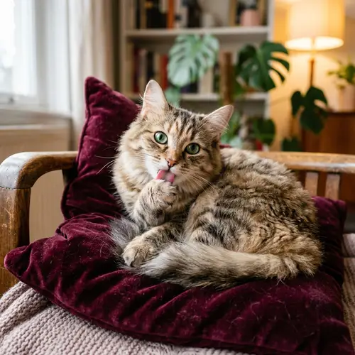 Adorable Domestic Cat with Emerald Eyes on Plush Velvet Cushion