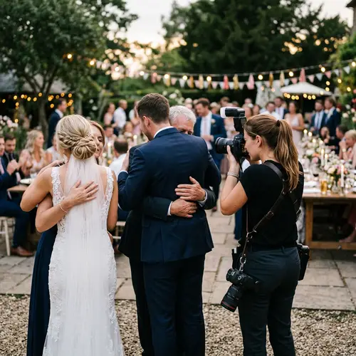 Bride and Groom Embracing Guests in Heartfelt Moments
