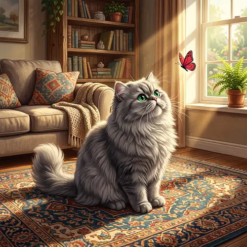 Fluffy Grey Persian Cat Illustration with Emerald Eyes and Red Butterfly