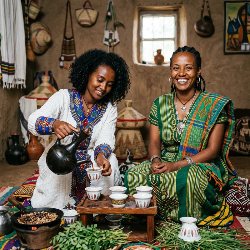 Ethiopia Women - Traditional Coffee Ceremony with Vibrant Attire