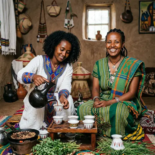 Traditional Ethiopian Coffee Ceremony with Women in Vibrant Attire