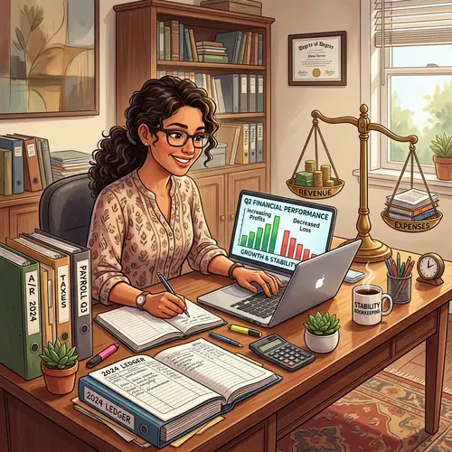 Dynamic Bookkeeper Illustration at Organized Desk | Financial Stability