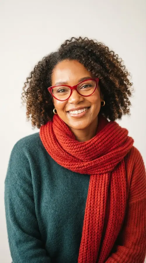 Confident Smiling Woman Portrait with Red Glasses