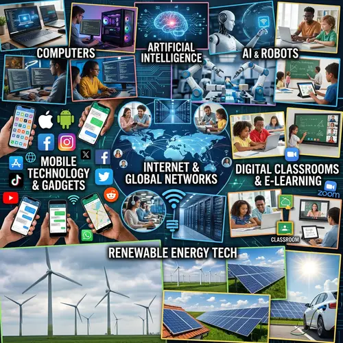 Tech Collage: AI, E-Learning & Renewable Energy