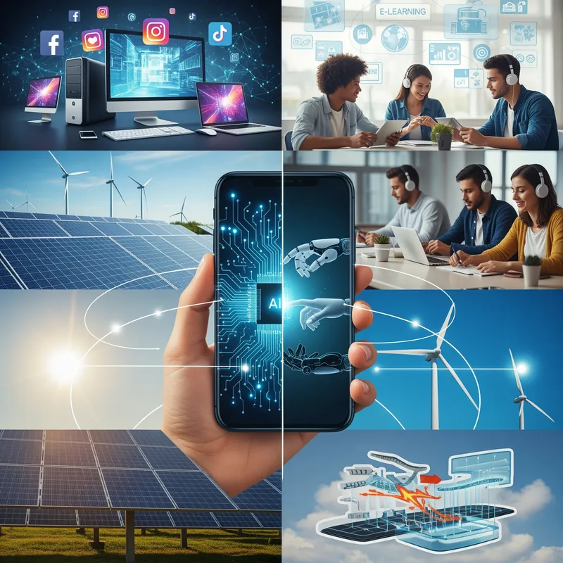 Tech Collage: AI, E-Learning & Renewable Energy