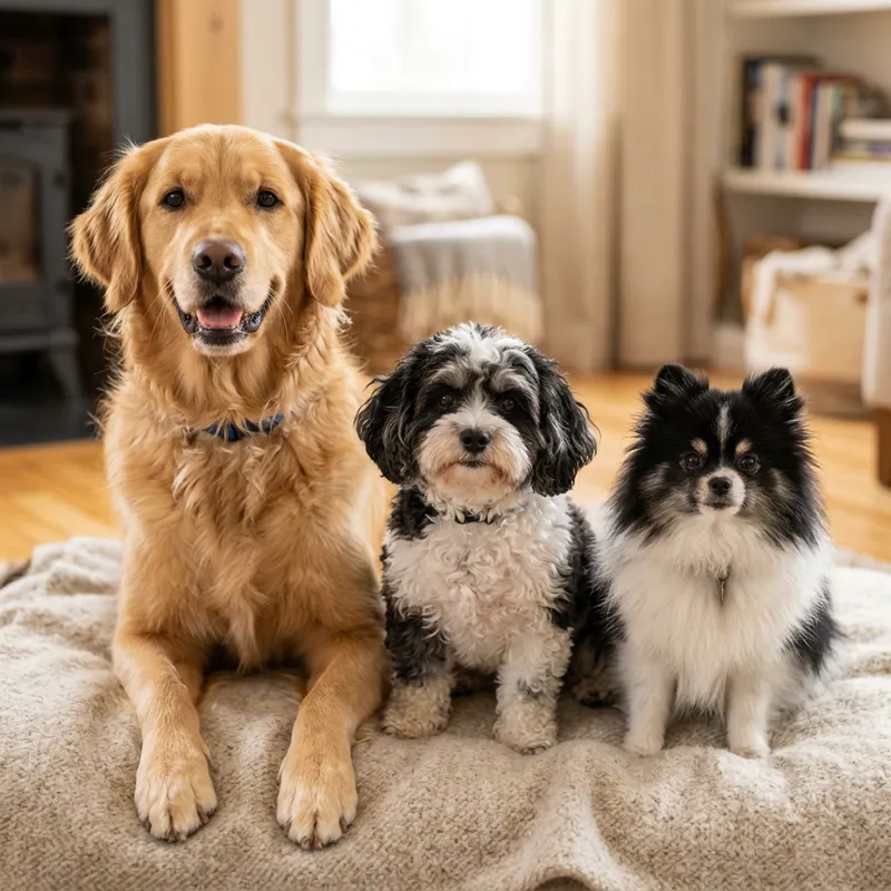 Portrait of 3 Adorable Dogs: Golden, Shih Poo & Pomeranian
