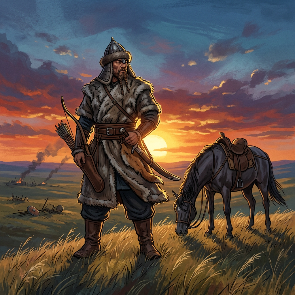 Mongolian Hero with Horse in Traditional Attire | AI Art Generator