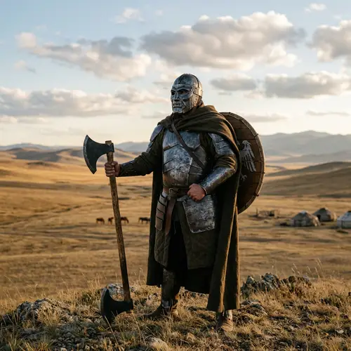 Heroic Iron Masked Battler in Steppe Landscape
