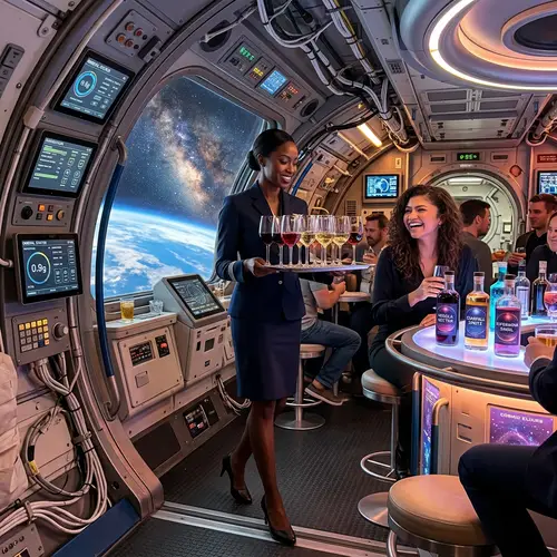 Galactic Space Bar with Flight Attendant and Sensors | Cosmic Interior Shot