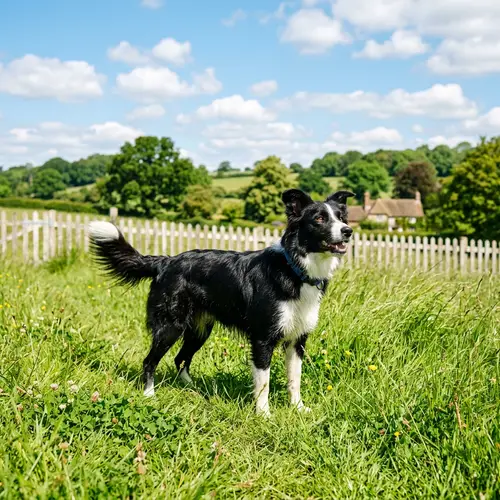 Black and White Dog in Green Field - Playful and Sunny