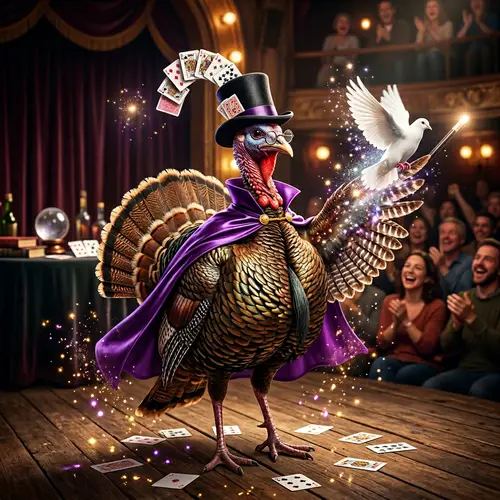 Magical Turkey Performing Tricks with Shiny Plumage and Outfit