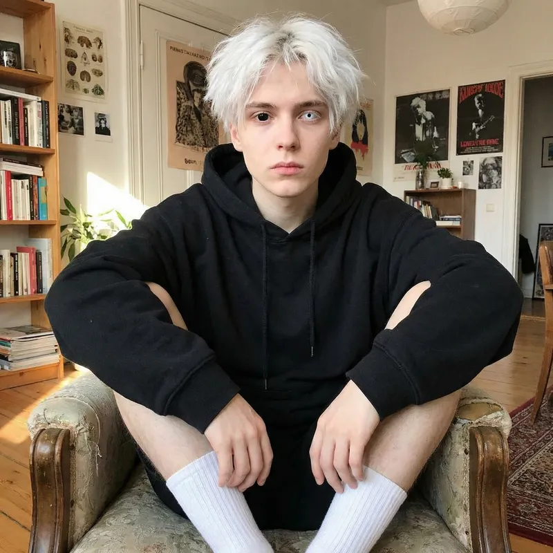 Androgynous Teen with Unique White Hair & Two-Colored Eyes in Black Hoodie