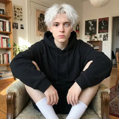 16-Year-Old Androgynous Individual with Unique White Hair & Two-Colored Eyes