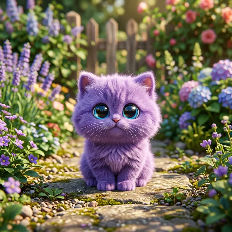Fluffy Purple Cat Sitting in the Garden - 3D Animation