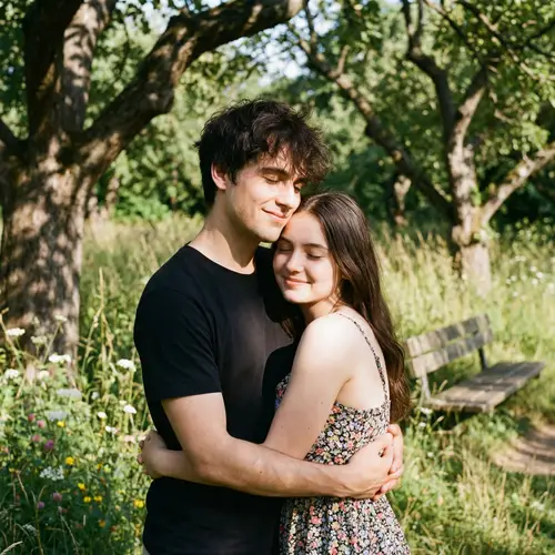 Heartwarming Park Embrace of a Young Couple