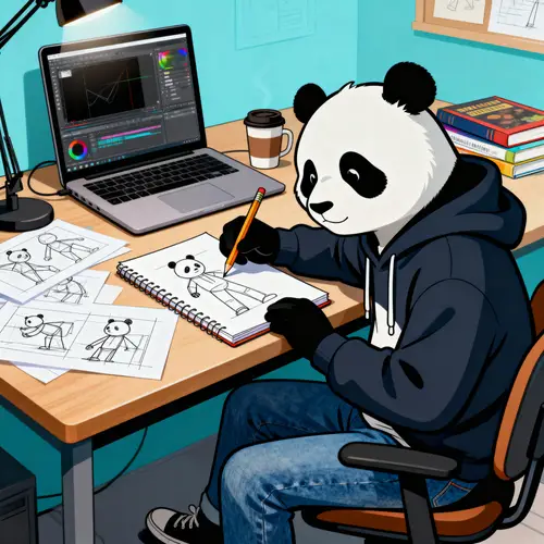 Cool College Student Panda Studying Animation