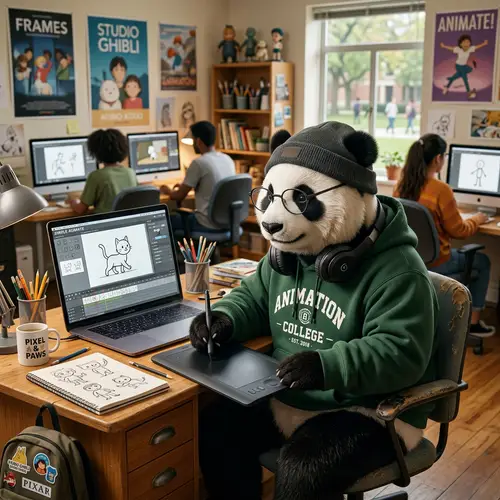 Cool College Student Panda Studying Animation