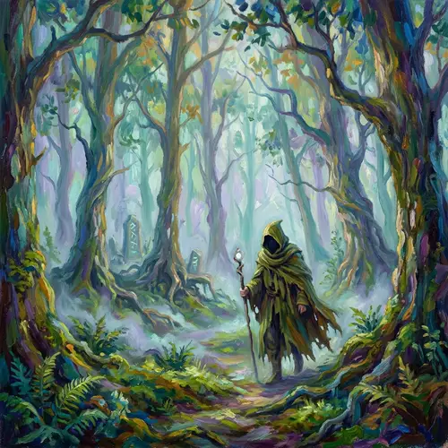 Enigmatic Character in Misty Woodland | Impressionistic Artwork