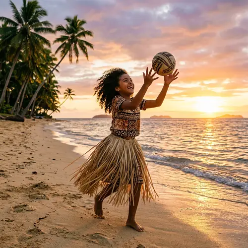 Traditional Fijian Girl Playing on a Sandy Beach