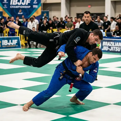 Brazilian Jiu-Jitsu Match on Checkered Dojo Mat
