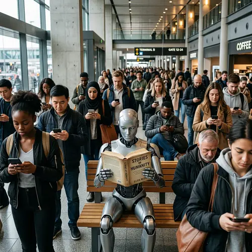 Futuristic Humanoid Robot Reading a Book Surrounded by Engrossed Diverse People