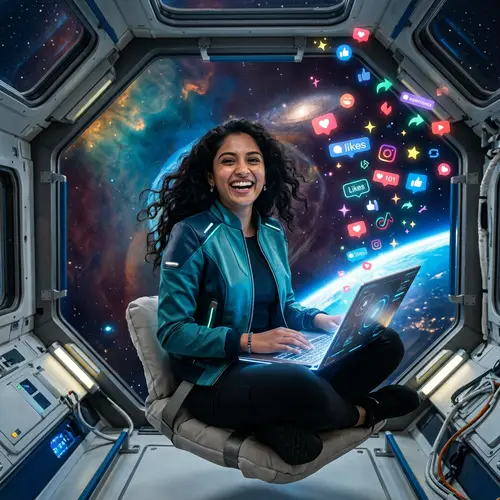 Futuristic Space-Like Environment with Holographic Social Media Icons