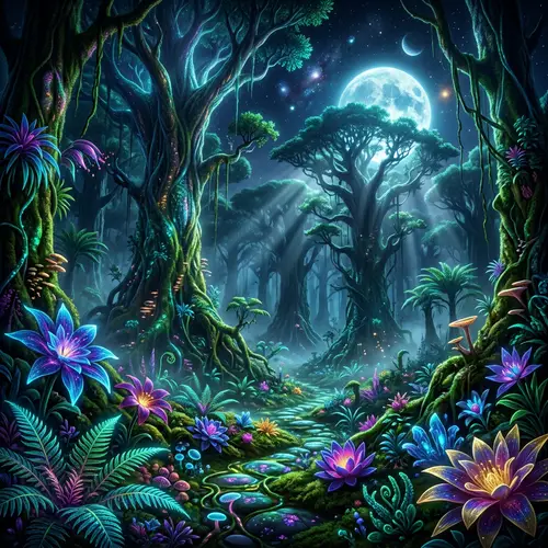 Surreal Moonlit Forest: Enchanting Alien Landscape