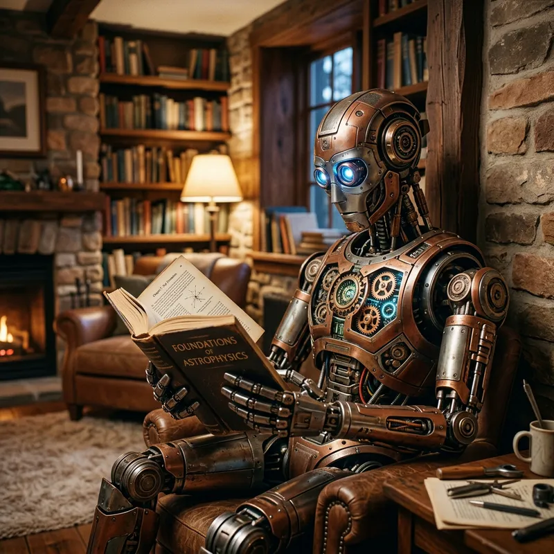 Metallic Robot Studying in Cozy Room Metallic Robot Studying in Cozy Room
