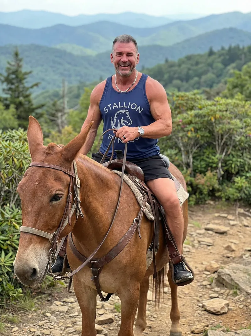 Man Riding a Big Mule in NC Mountains