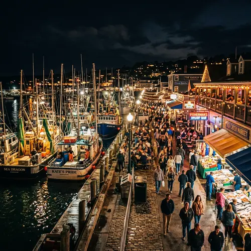 Vibrant Nighttime Fishing Port with Markets and Lights