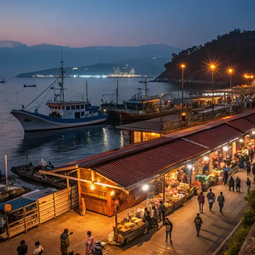 Vibrant Nighttime Fishing Port with Markets and Lights