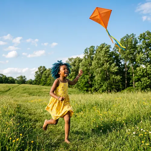 Young Black Girl Flying Orange Kite in Lush Field